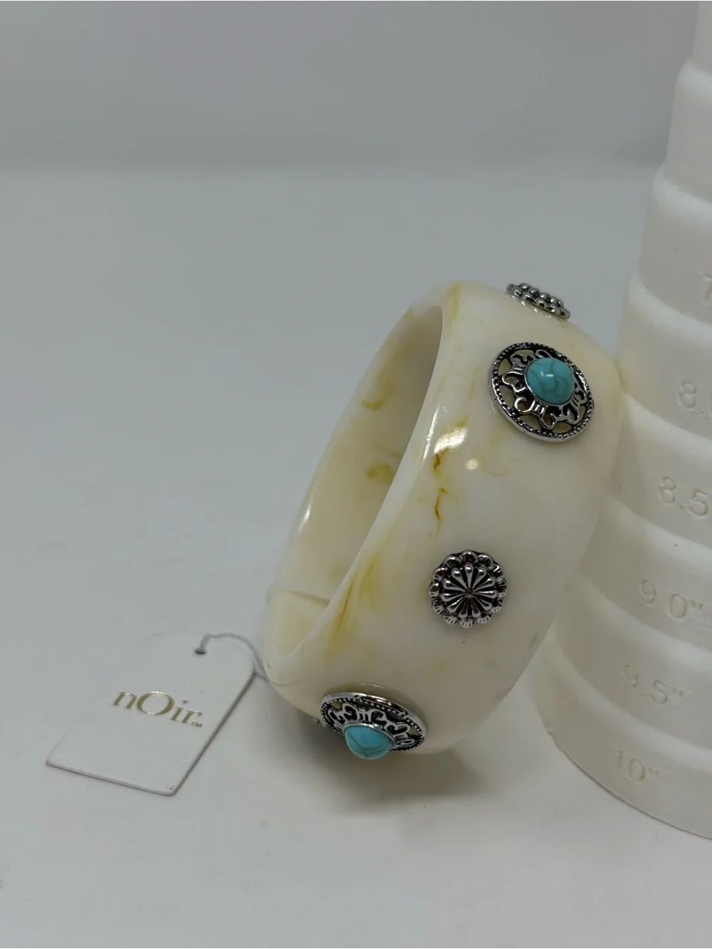 nOir Jewelry White Marble Resin Bangle with Turquoise Accents
